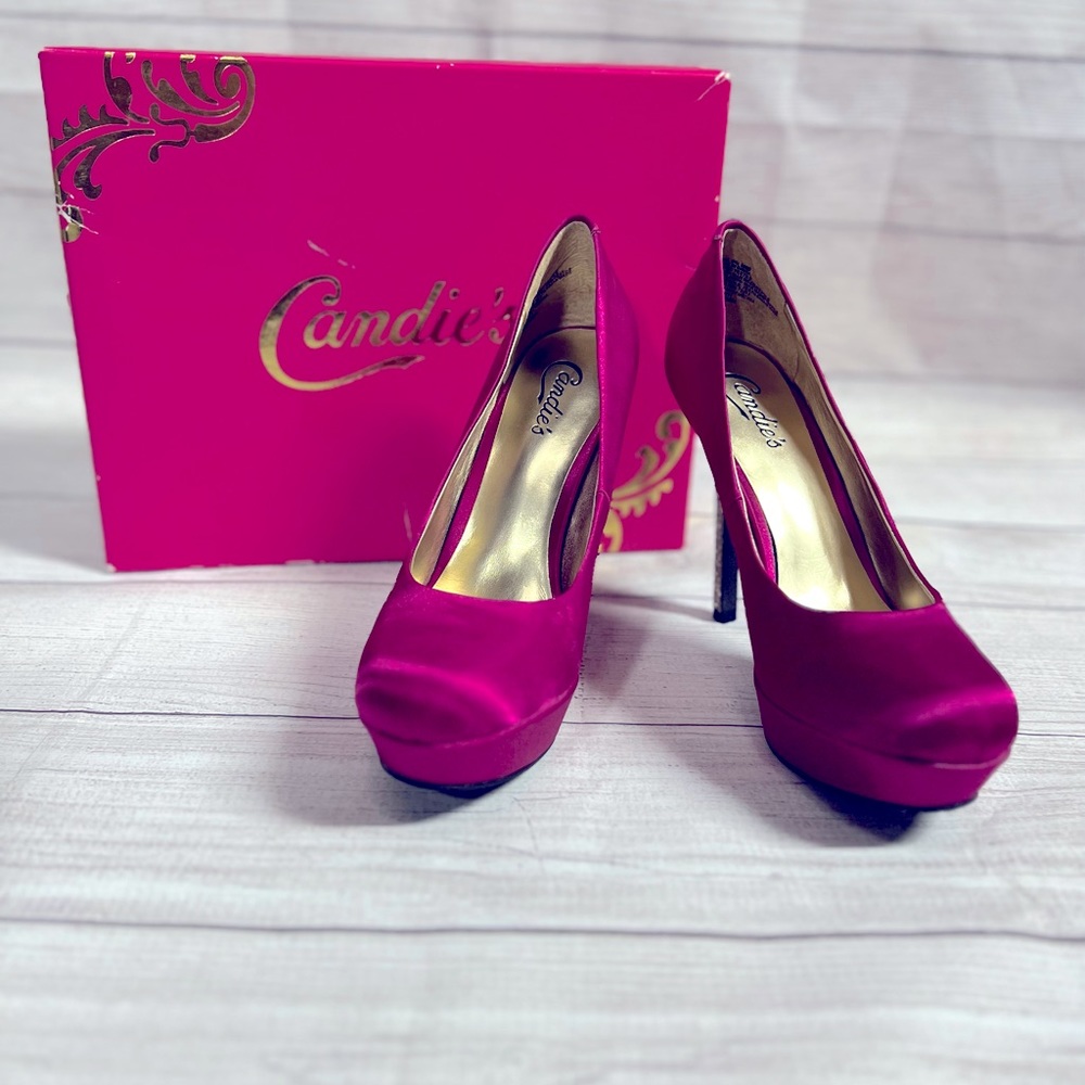 Candies satin platform heels with gold embellished heels